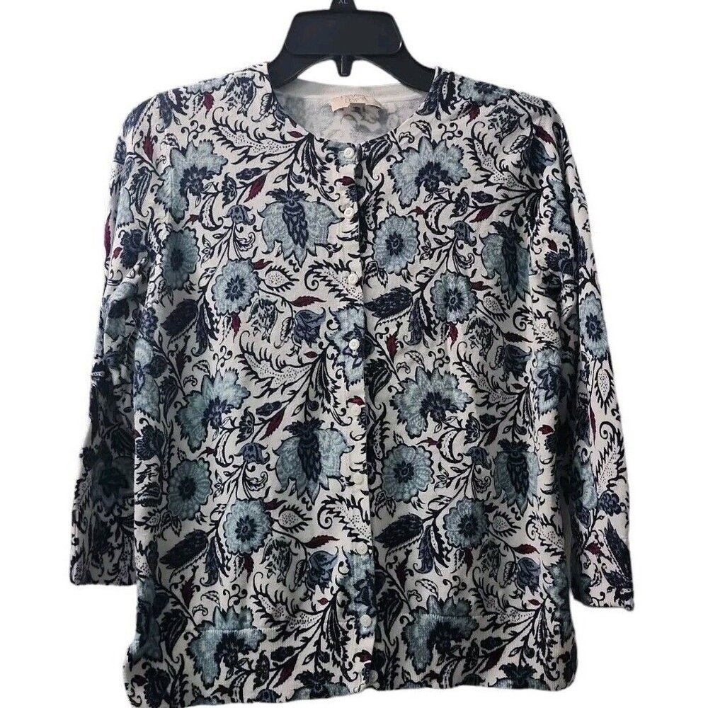 LOFT Floral Cardigan Sweater Button Front 3/4 Sleeve Blue White XL
